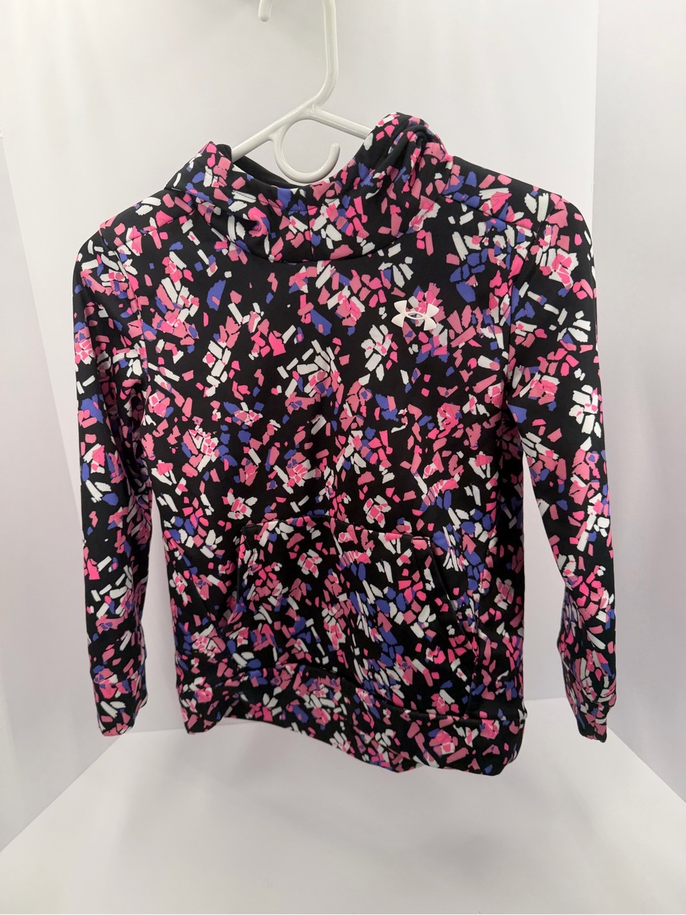Under Armour Girls' Black Mock Neck Hoodie with Pink, Blue & White Print